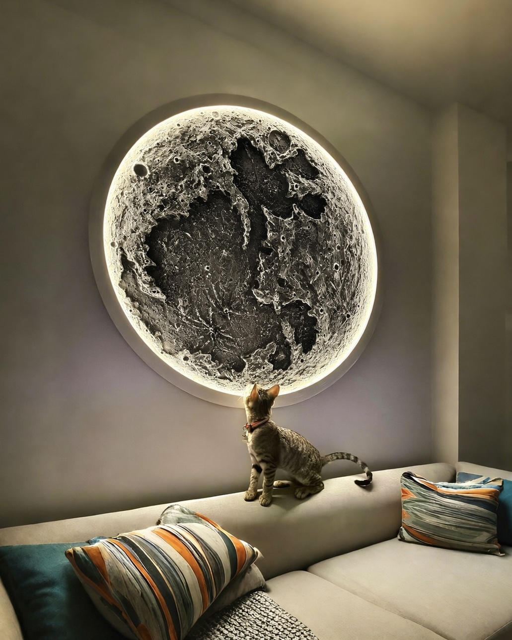 Escultura de luna grande Lunático en sala minimalista con luz LED