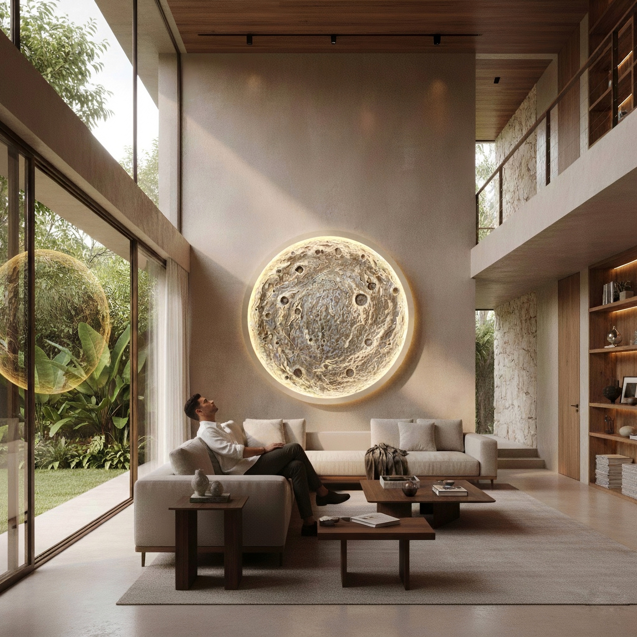 Escultura de luna iluminada Lunático instalada en sala de lujo